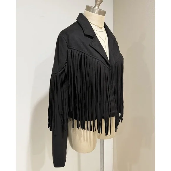 REVEROF Women's Black Faux Suede Leather Fringe Jacket Size L Western Cow Girl - Picture 5 of 10